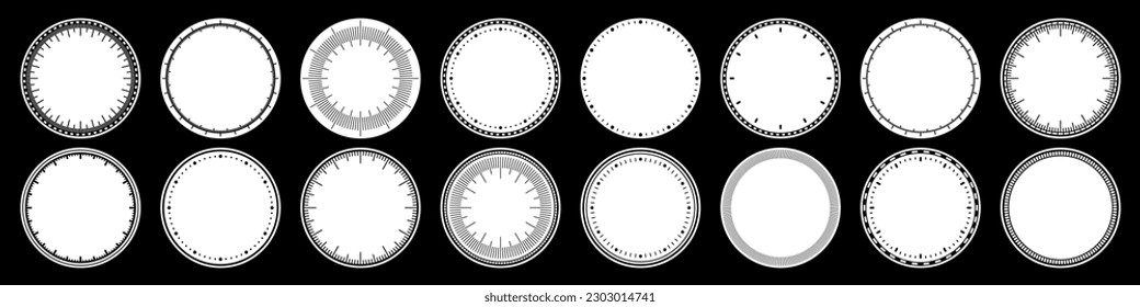 Mechanical clock faces, bezel. Watch dial with minute and hour marks. Timer or stopwatch element. Blank measuring circle scale with divisions. Vector illustration.