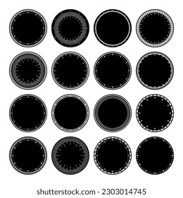 Mechanical clock faces, bezel. Watch dial with minute and hour marks. Timer or stopwatch element. Blank measuring circle scale with divisions. Vector illustration.