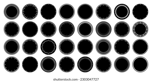 Mechanical clock faces, bezel. Watch dial with minute and hour marks. Timer or stopwatch element. Blank measuring circle scale with divisions. Vector illustration.