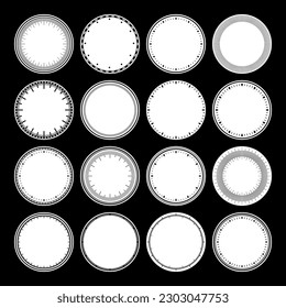 Mechanical clock faces, bezel. Watch dial with minute and hour marks. Timer or stopwatch element. Blank measuring circle scale with divisions. Vector illustration.