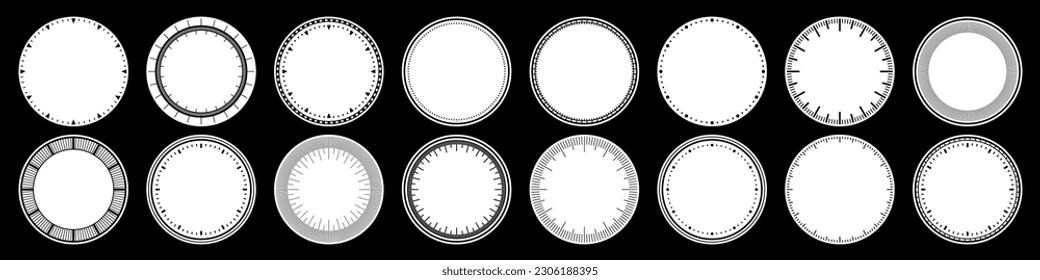 Mechanical clock faces, bezel. Watch dial with minute and hour marks. Timer or stopwatch element. Blank measuring circle scale with divisions. Vector illustration.