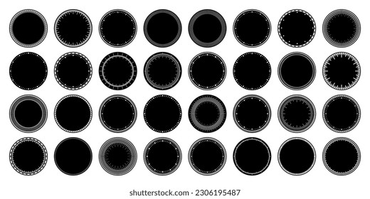 Mechanical clock faces, bezel. Watch dial with minute and hour marks. Timer or stopwatch element. Blank measuring circle scale with divisions. Vector illustration.