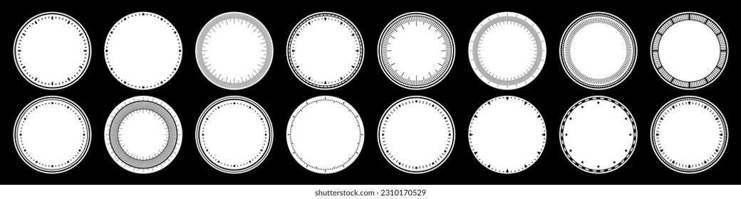 Mechanical clock faces, bezel. Watch dial with minute and hour marks. Timer or stopwatch element. Blank measuring circle scale with divisions. Vector illustration.