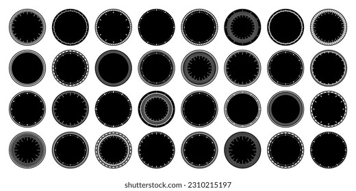 Mechanical clock faces, bezel. Watch dial with minute and hour marks. Timer or stopwatch element. Blank measuring circle scale with divisions. Vector illustration.