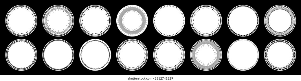 Mechanical clock faces, bezel. Watch dial with minute and hour marks. Timer or stopwatch element. Blank measuring circle scale with divisions. Vector illustration.