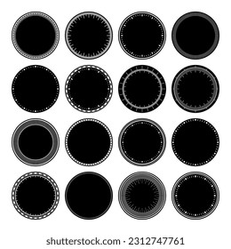 Mechanical clock faces, bezel. Watch dial with minute and hour marks. Timer or stopwatch element. Blank measuring circle scale with divisions. Vector illustration.