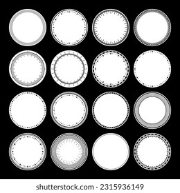 Mechanical clock faces, bezel. Watch dial with minute and hour marks. Timer or stopwatch element. Blank measuring circle scale with divisions. Vector illustration.