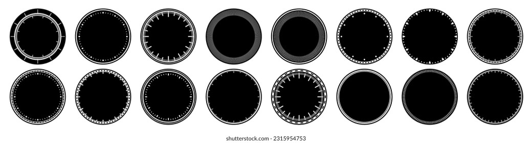 Mechanical clock faces, bezel. Watch dial with minute and hour marks. Timer or stopwatch element. Blank measuring circle scale with divisions. Vector illustration.