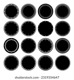 Mechanical clock faces, bezel. Watch dial with minute and hour marks. Timer or stopwatch element. Blank measuring circle scale with divisions. Vector illustration.