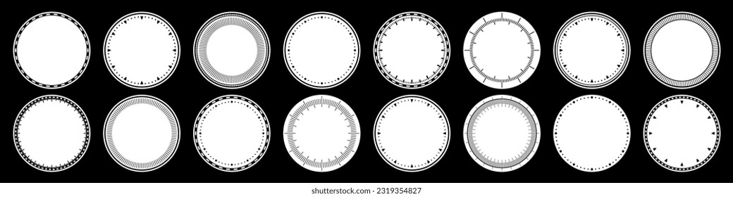 Mechanical clock faces, bezel. Watch dial with minute and hour marks. Timer or stopwatch element. Blank measuring circle scale with divisions. Vector illustration.