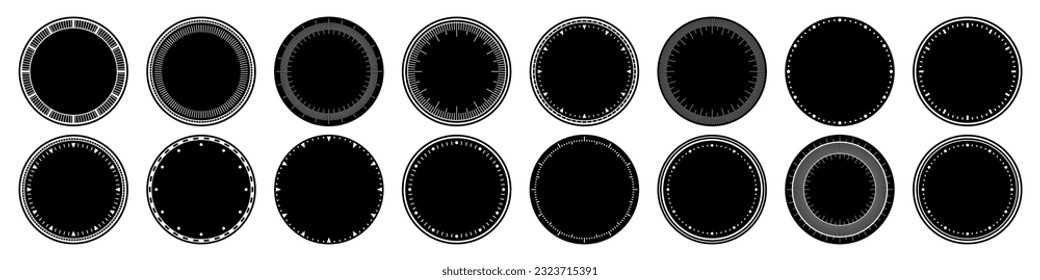 Mechanical clock faces, bezel. Watch dial with minute and hour marks. Timer or stopwatch element. Blank measuring circle scale with divisions. Vector illustration.