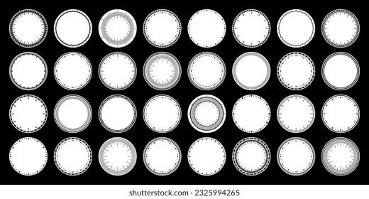 Mechanical clock faces, bezel. Watch dial with minute and hour marks. Timer or stopwatch element. Blank measuring circle scale with divisions. Vector illustration.