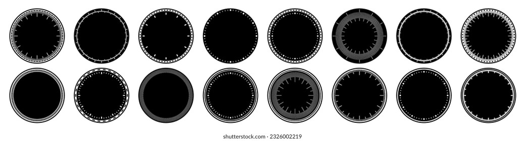 Mechanical clock faces, bezel. Watch dial with minute and hour marks. Timer or stopwatch element. Blank measuring circle scale with divisions. Vector illustration.