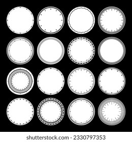 Mechanical clock faces, bezel. Watch dial with minute and hour marks. Timer or stopwatch element. Blank measuring circle scale with divisions. Vector illustration.