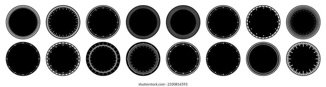 Mechanical clock faces, bezel. Watch dial with minute and hour marks. Timer or stopwatch element. Blank measuring circle scale with divisions. Vector illustration.