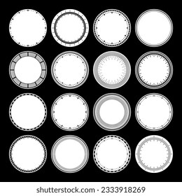 Mechanical clock faces, bezel. Watch dial with minute and hour marks. Timer or stopwatch element. Blank measuring circle scale with divisions. Vector illustration.