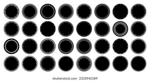 Mechanical clock faces, bezel. Watch dial with minute and hour marks. Timer or stopwatch element. Blank measuring circle scale with divisions. Vector illustration.