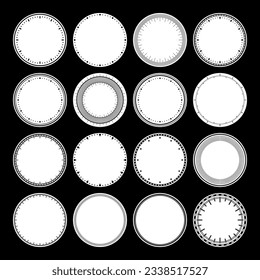 Mechanical clock faces, bezel. Watch dial with minute and hour marks. Timer or stopwatch element. Blank measuring circle scale with divisions. Vector illustration.