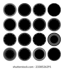 Mechanical clock faces, bezel. Watch dial with minute and hour marks. Timer or stopwatch element. Blank measuring circle scale with divisions. Vector illustration.