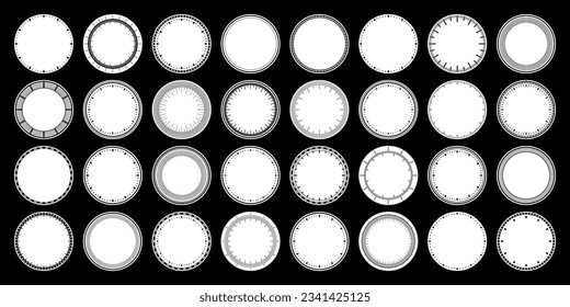 Mechanical clock faces, bezel. Watch dial with minute and hour marks. Timer or stopwatch element. Blank measuring circle scale with divisions. Vector illustration.