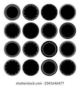 Mechanical clock faces, bezel. Watch dial with minute and hour marks. Timer or stopwatch element. Blank measuring circle scale with divisions. Vector illustration.