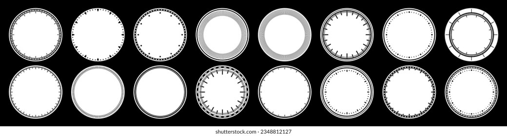 Mechanical clock faces, bezel. Watch dial with minute and hour marks. Timer or stopwatch element. Blank measuring circle scale with divisions. Vector illustration.