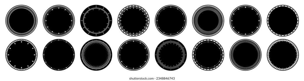 Mechanical clock faces, bezel. Watch dial with minute and hour marks. Timer or stopwatch element. Blank measuring circle scale with divisions. Vector illustration.