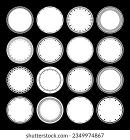 Mechanical clock faces, bezel. Watch dial with minute and hour marks. Timer or stopwatch element. Blank measuring circle scale with divisions. Vector illustration.