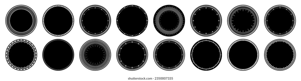 Mechanical clock faces, bezel. Watch dial with minute and hour marks. Timer or stopwatch element. Blank measuring circle scale with divisions. Vector illustration.