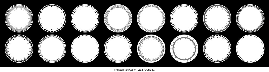 Mechanical clock faces, bezel. Watch dial with minute and hour marks. Timer or stopwatch element. Blank measuring circle scale with divisions. Vector illustration.