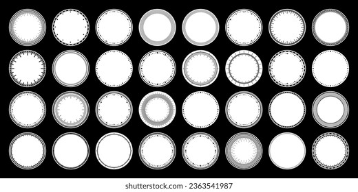 Mechanical clock faces, bezel. Watch dial with minute and hour marks. Timer or stopwatch element. Blank measuring circle scale with divisions. Vector illustration.