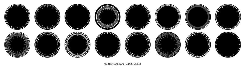 Mechanical clock faces, bezel. Watch dial with minute and hour marks. Timer or stopwatch element. Blank measuring circle scale with divisions. Vector illustration.