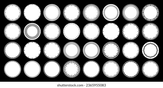 Mechanical clock faces, bezel. Watch dial with minute and hour marks. Timer or stopwatch element. Blank measuring circle scale with divisions. Vector illustration.