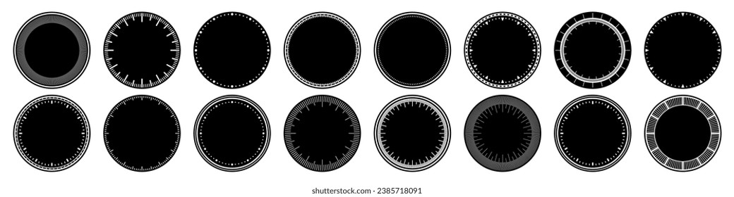 Mechanical clock faces, bezel. Watch dial with minute and hour marks. Timer or stopwatch element. Blank measuring circle scale with divisions. Vector illustration.