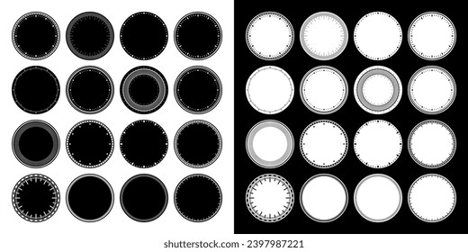 Mechanical clock faces, bezel. Watch dial with minute and hour marks. Timer or stopwatch element. Blank measuring circle scale with divisions. Vector illustration.