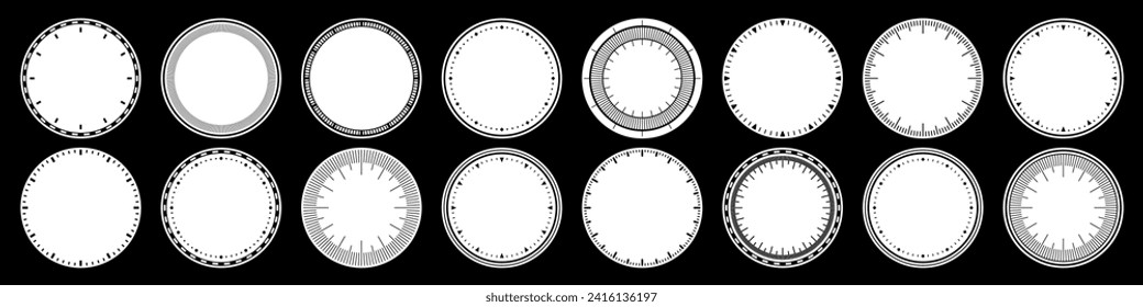 Mechanical clock faces, bezel. Watch dial with minute and hour marks. Timer or stopwatch element. Blank measuring circle scale with divisions. Vector illustration.