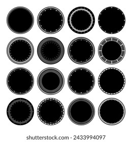 Mechanical clock faces, bezel. Watch dial with minute and hour marks. Timer or stopwatch element. Blank measuring circle scale with divisions. Vector illustration.