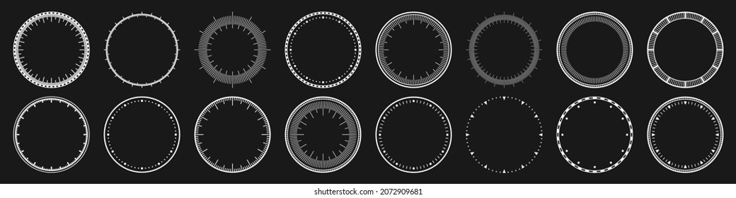 Caras mecánicas de reloj, bisel. Marcado de reloj blanco con marcas de minuto y hora. Elemento Timer o stopwatch. Escala de círculo de medida en blanco con divisiones. Ilustración vectorial.