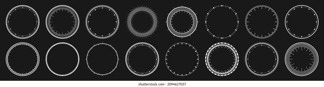 Mechanical clock faces, bezel. White watch dial with minute and hour marks. Timer or stopwatch element. Blank measuring circle scale with divisions. Vector illustration.