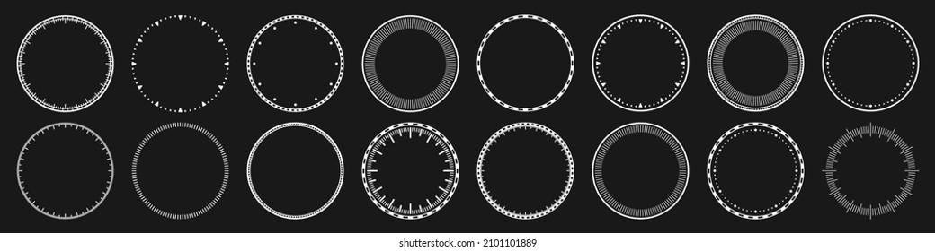 Mechanical clock faces, bezel. White watch dial with minute and hour marks. Timer or stopwatch element. Blank measuring circle scale with divisions. Vector illustration.