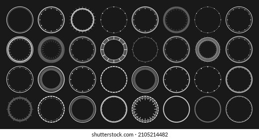 Mechanical clock faces, bezel. White watch dial with minute and hour marks. Timer or stopwatch element. Blank measuring circle scale with divisions. Vector illustration.