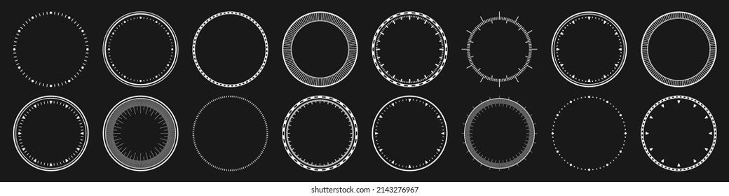 Mechanical clock faces, bezel. White watch dial with minute and hour marks. Timer or stopwatch element. Blank measuring circle scale with divisions. Vector illustration.