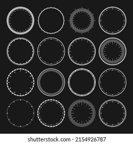 Mechanical clock faces, bezel. White watch dial with minute and hour marks. Timer or stopwatch element. Blank measuring circle scale with divisions. Vector illustration.