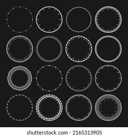 Mechanical clock faces, bezel. White watch dial with minute and hour marks. Timer or stopwatch element. Blank measuring circle scale with divisions. Vector illustration.