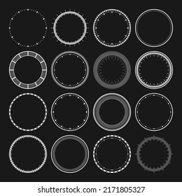 Mechanical clock faces, bezel. White watch dial with minute and hour marks. Timer or stopwatch element. Blank measuring circle scale with divisions. Vector illustration.