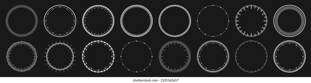 Mechanical clock faces, bezel. White watch dial with minute and hour marks. Timer or stopwatch element. Blank measuring circle scale with divisions. Vector illustration.