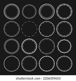 Mechanical clock faces, bezel. White watch dial with minute and hour marks. Timer or stopwatch element. Blank measuring circle scale with divisions. Vector illustration.