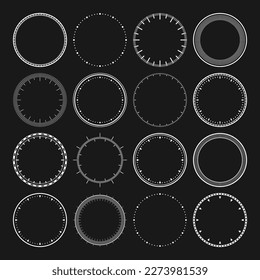 Mechanical clock faces, bezel. White watch dial with minute and hour marks. Timer or stopwatch element. Blank measuring circle scale with divisions. Vector illustration.