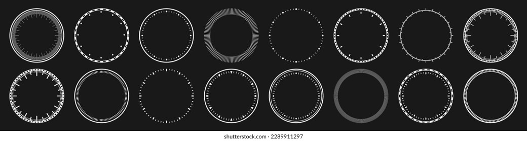 Caras mecánicas de reloj, bisel. Marcado de reloj blanco con marcas de minuto y hora. Elemento Timer o stopwatch. Escala de círculo de medida en blanco con divisiones. Ilustración vectorial.