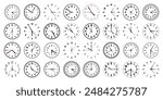 Mechanical clock faces with hands, bezel. Watch dial with minute, hour marks and numbers, arabic numerals. Timer or stopwatch element. Measuring circle scale with divisions. Vector illustration